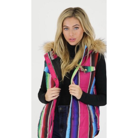Judith March Rainbow Striped Puffer Vest Faux Fur Hood S Outdoor Street Style - Picture 2 of 15